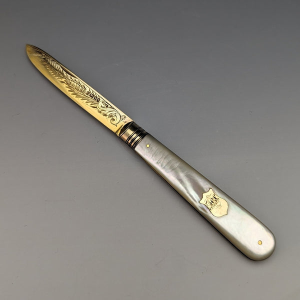 1888 British Antique White Pearl Shell Handle Pure Silver Blade Folding Pen Knife in Case